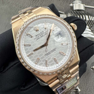 3B Factory Rolex 127385TBR 0003 Replica – Rose Gold Diamond Bezel Honeycomb Dial